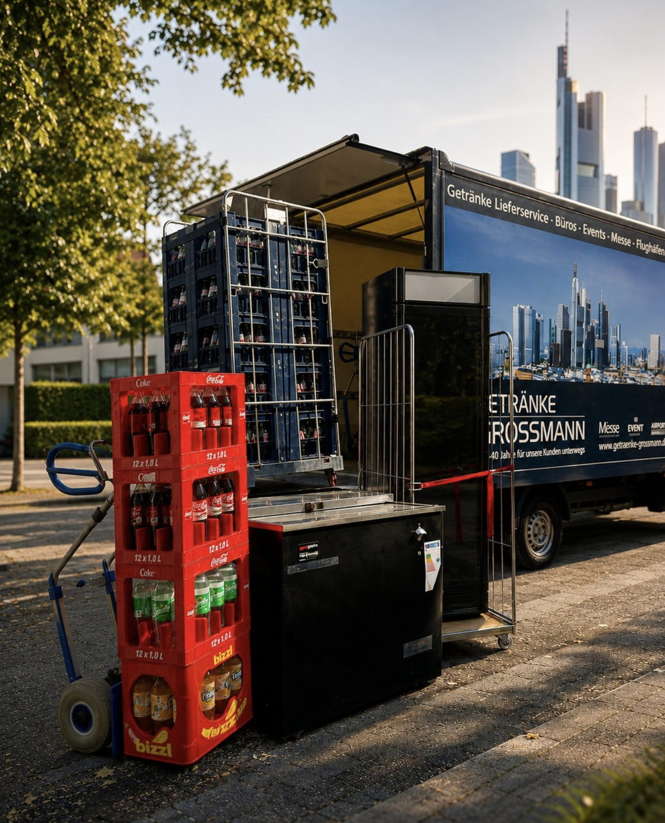 Getränke Grossmann event delivery truck with beverage crates, Coca-Cola, soft drinks and mobile refrigeration in front of the Frankfurt skyline