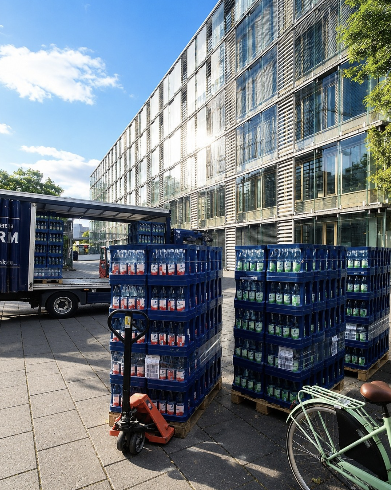 Getränke Grossmann truck delivering Elisabethen water and beverage crates to an office building in Frankfurt