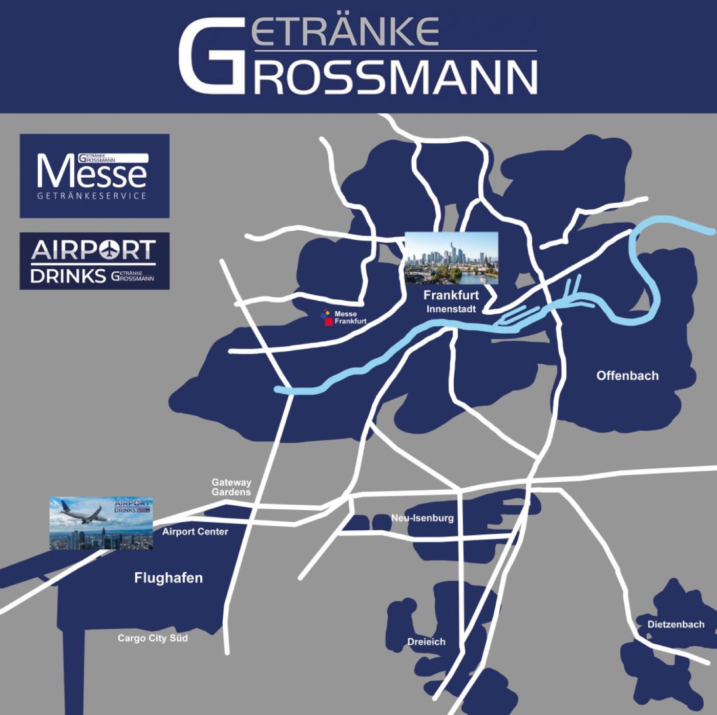 Getränke Grossmann delivery area covering Frankfurt city centre, Messe Frankfurt, Frankfurt Airport and Offenbach
