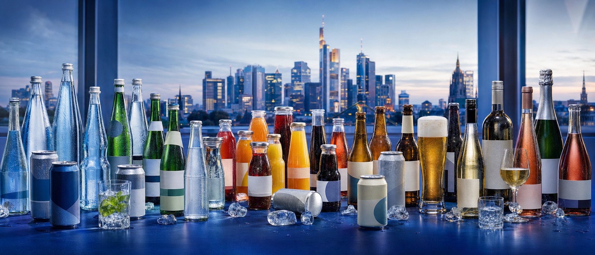 Getränkesortiment mit Wasser, Säften, Softdrinks und weiteren Getränken vor der Frankfurter Skyline