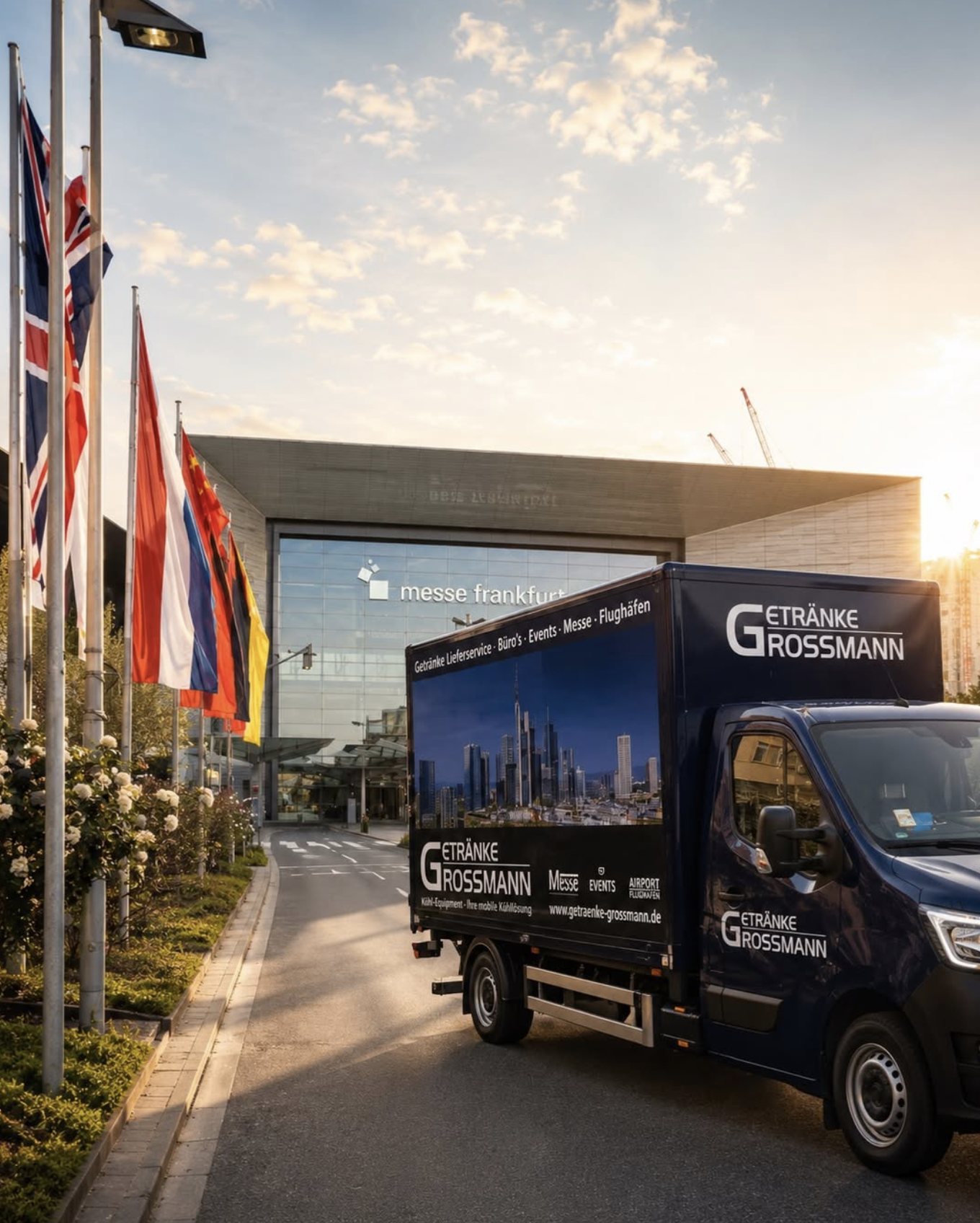 Getränke Grossmann delivery truck in front of Messe Frankfurt for beverage delivery directly to trade-fair stands