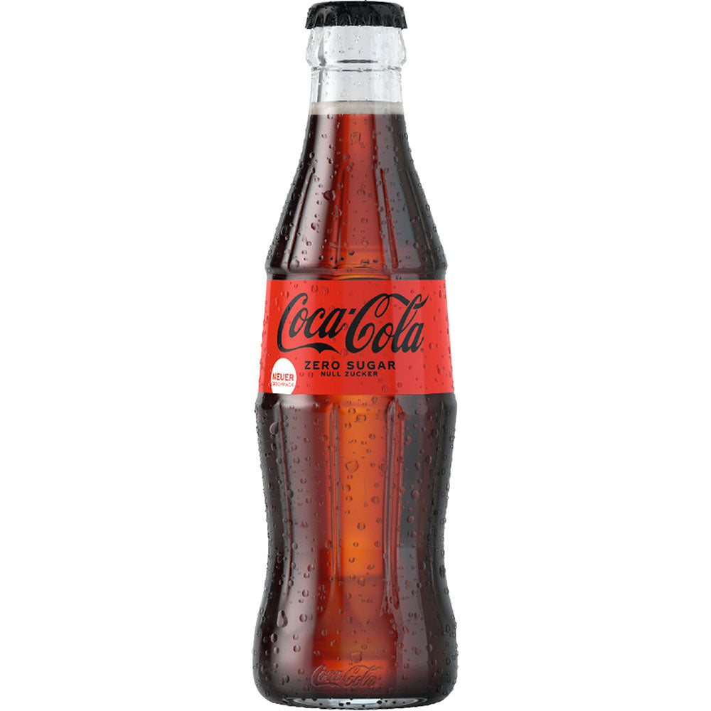 Coca-Cola Zero Sugar in der 0,2-l-Glasflasche, Lagerartikel für Event, Messe, Büroanlieferung, Kanzlei und Konferenz in Frankfurt Innenstadt.
