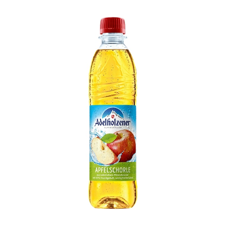 Adelholzener Apfelschorle – Getränke Grossmann Frankfurt Adelholzener Apfelschorle, 12 x 0,5 l, Produktabbildung für Getränke-Lieferservice an Büros, Kanzleien, Meetings, Messen und Flughafenstandorte in Frankfurt.