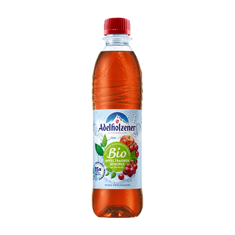Adelholzener Bio Apfel Trauben Schorle – Getränke Grossmann Frankfurt Adelholzener Bio Apfel Trauben Schorle, 12 x 0,5 l, Produktabbildung für Getränke-Lieferservice an Büros, Kanzleien, Meetings, Messen und Flughafenstandorte in Frankfurt.