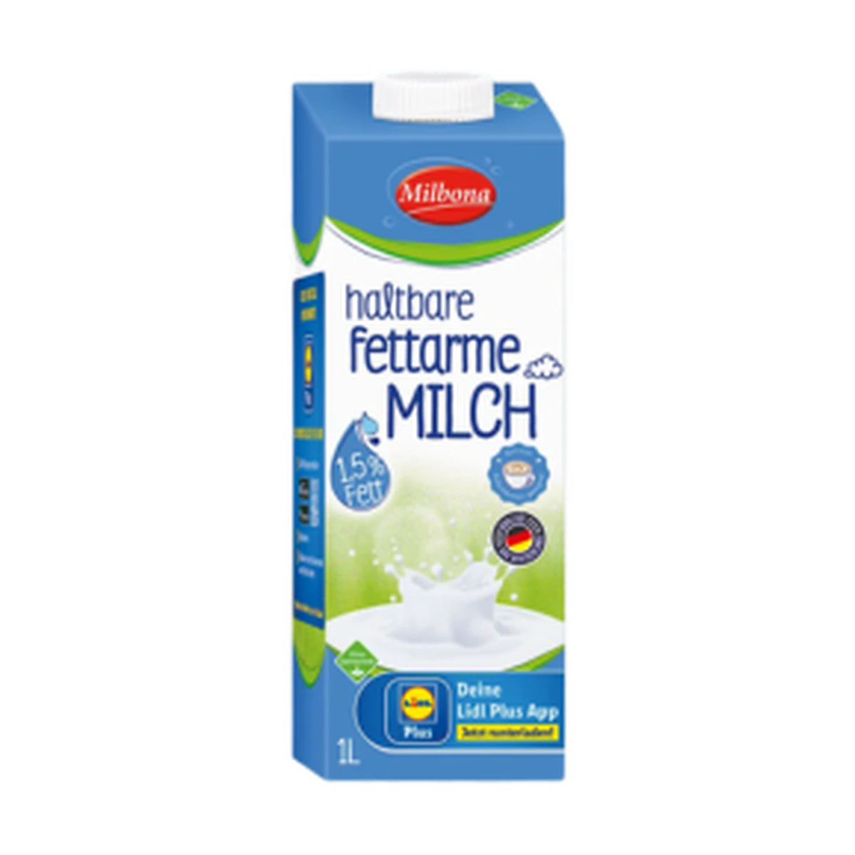 H-Milch Milbona 1,5 % Fett, 12 x 1 l, Produktabbildung für Getränke-Lieferservice an Büros, Kanzleien, Meetings, Messen und Flughafenstandorte in Frankfurt.